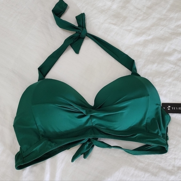 Tempt Me Emerald Green Bikini Swim Top Halter Retro Bathing Suit size XL NWT - Picture 1 of 5